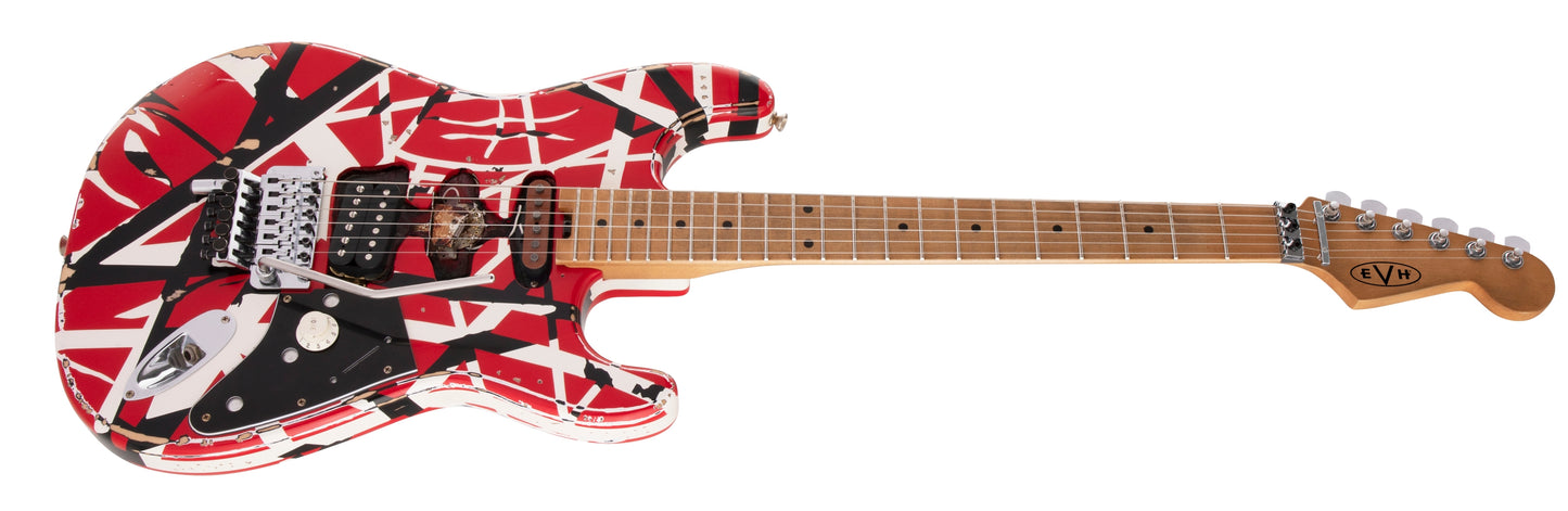 EVH Striped Series Frakenstein™ Frankie, Baked Maple FB, Red and Black Stripes Relic