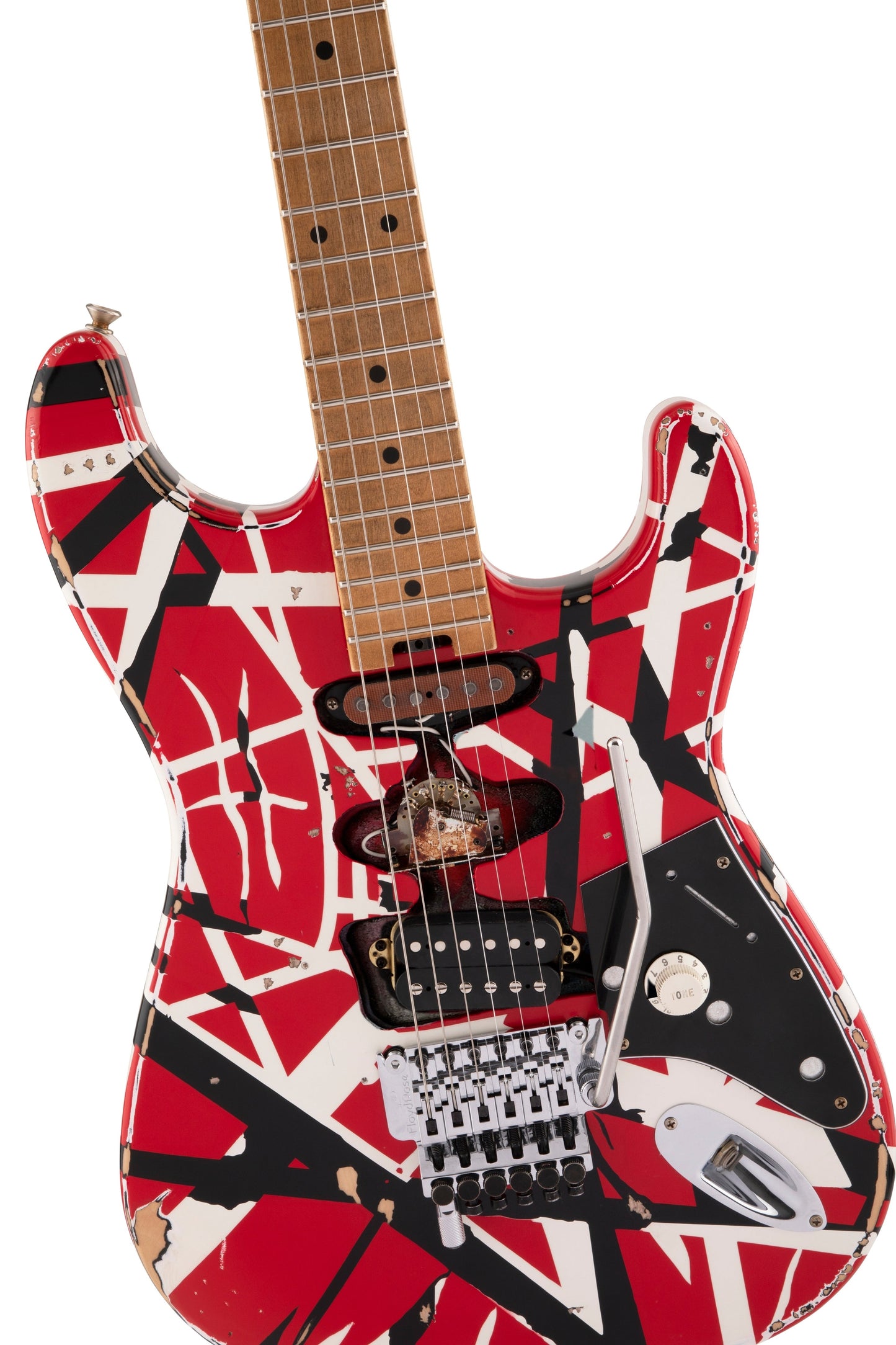 EVH Striped Series Frakenstein™ Frankie, Baked Maple FB, Red and Black Stripes Relic