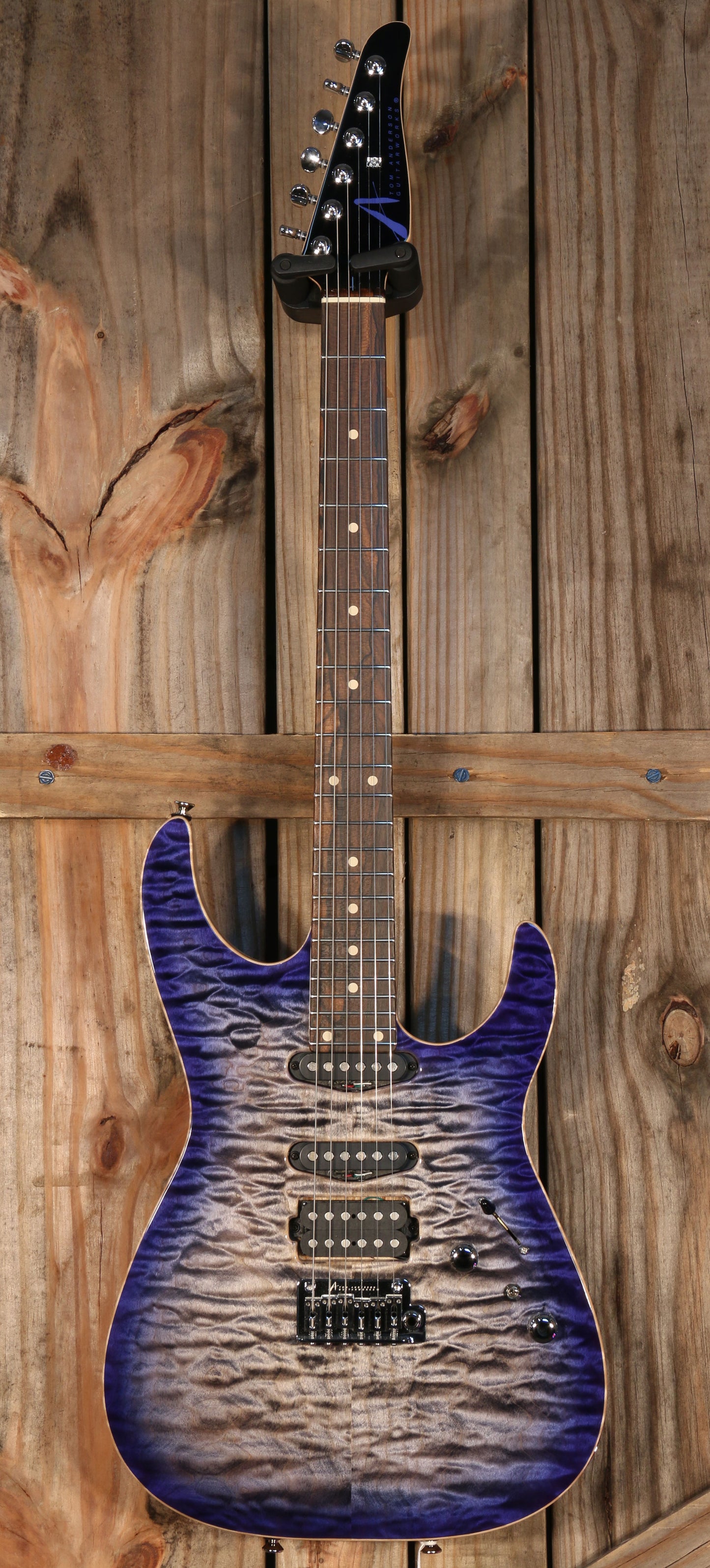 Tom Anderson Angel, Swamp Ash, Ziricote FB, Natural Black to Dark Blue Burst