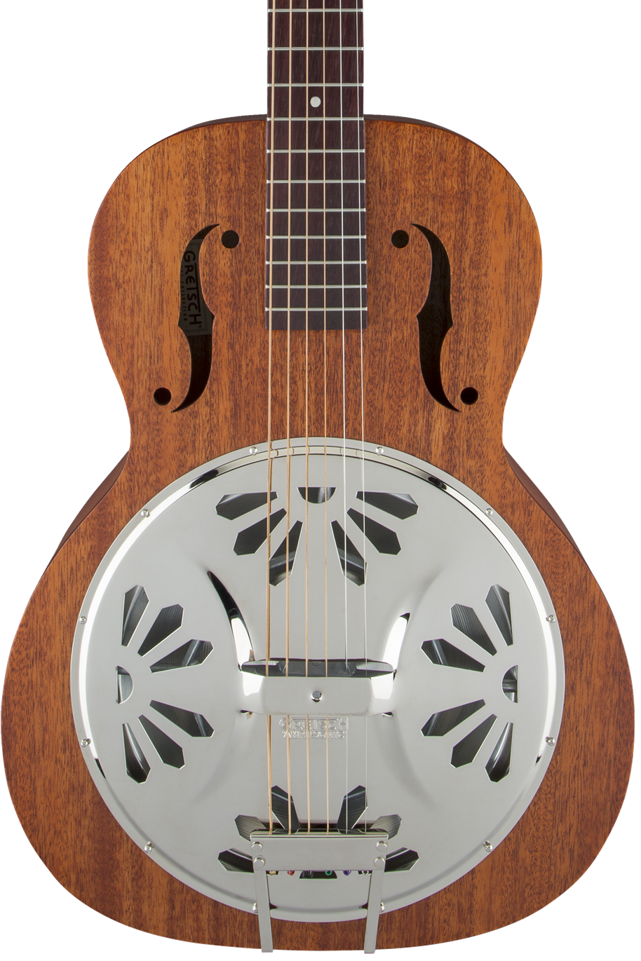 Resonator guitar with wooden body and metal pickguard on a white background