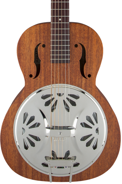 Resonator guitar with wooden body and metal pickguard on a white background