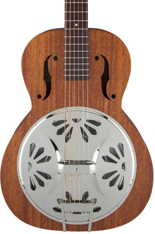 Resonator guitar with wooden body and metal pickguard on a white background