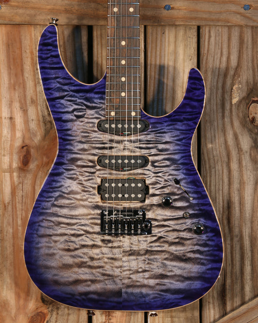 Tom Anderson Angel, Swamp Ash, Ziricote FB, Natural Black to Dark Blue Burst